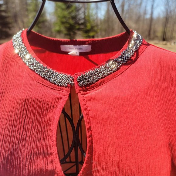 $3/33 Maurices red top, ornate collar, flounce sleeve, size L - Picture 2 of 8